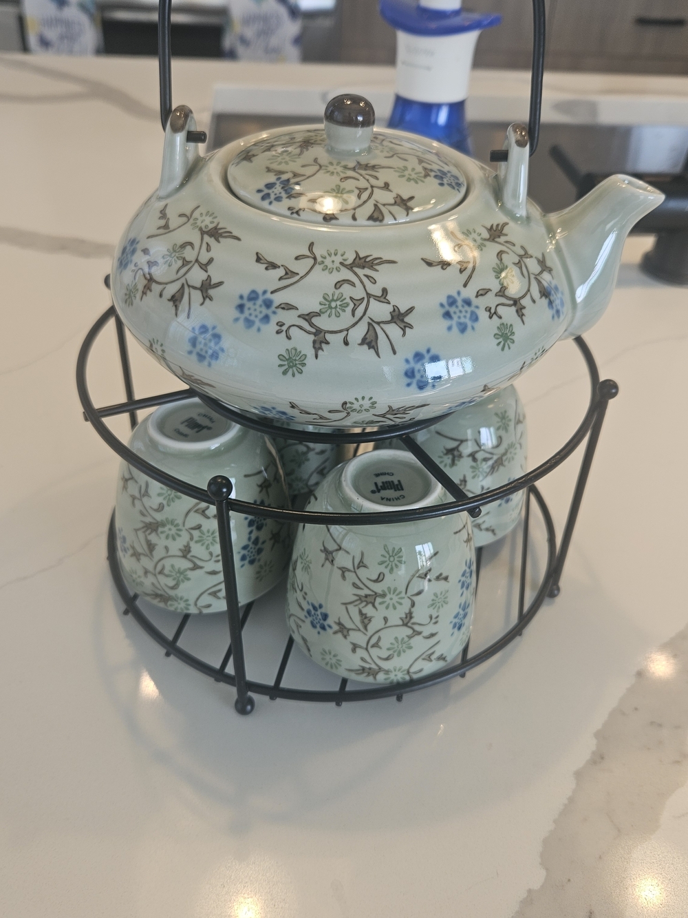 Pier 1 Import Tomoko Tea Set, Japanese Green Floral Ceramic Teapot with 4 Cups